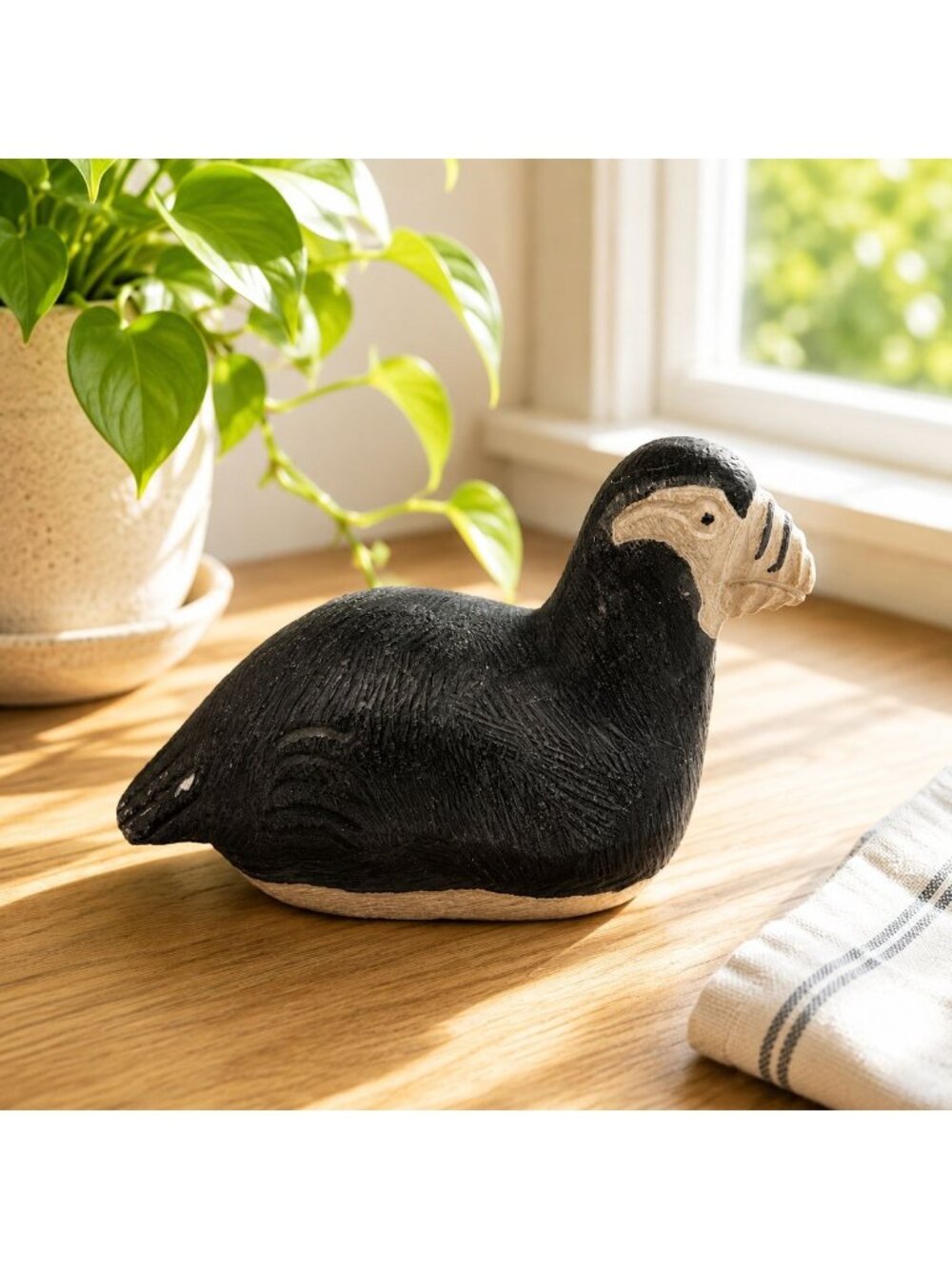 Handcrafted Vintage Kenyan Wooden Puffin Figurine 6.5" Black & White Bird Sculpt